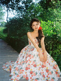 Elegant A Line Straps Neckline Pink Floral Satin Prom Dress Evening Dresses HZ1024