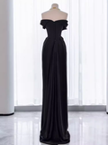 Modest Mermaid Off The Shoulder Black Satin Long Prom Dresses HZ1024