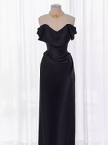 Modest Mermaid Off The Shoulder Black Satin Long Prom Dresses HZ1024