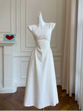 Simple A Line Straps White Satin Ankle Length Prom Dress Evening Dresses HZ1024
