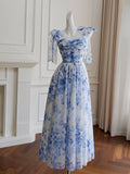 Pretty A Line Spaghetti Straps Long Blue Floral Prom Dress Evening Dresses HZ1024