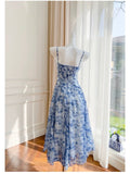 Pretty A Line Spaghetti Straps Chiffon Floral Blue Prom Dress Evening Dresses HZ1024