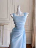Pretty Sheath Straps Chiffon Light Sky Blue Prom Dress Evening Dresses HZ1024