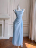 Pretty Sheath Straps Chiffon Light Sky Blue Prom Dress Evening Dresses HZ1024