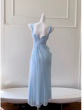 Pretty Sheath Straps Chiffon Light Sky Blue Prom Dress Evening Dresses HZ1024