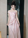 Modest Mermaid Strapless Shiny Satin Pink Long Prom Dresses HZ1024