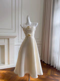 Modest A line Spaghetti Straps White Satin Ankle Length Prom Dress Formal Dresses HZ1024