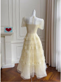 Modest A Line Scoop Neckline Yellow Lace Homecoming Dresses Birthday Outfits With Beads HZ1024
