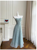 Modest A line Spaghetti Straps Light Sky Blue Lace Ankle Length Prom Dress Formal Dresses HZ1024