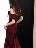 Modest Mermaid Off The Shoulder Shiny Satin Burgundy Long Prom Dresses HZ1024