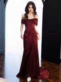 Modest Mermaid Off The Shoulder Shiny Satin Burgundy Long Prom Dresses HZ1024