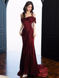 Modest Mermaid Off The Shoulder Shiny Satin Burgundy Long Prom Dresses HZ1024