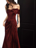 Modest Mermaid Off The Shoulder Shiny Satin Burgundy Long Prom Dresses HZ1024