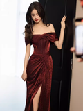 Modest Mermaid Off The Shoulder Shiny Satin Burgundy Long Prom Dresses HZ1024