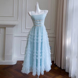 Modest A line Spaghetti Straps Light Sky Blue Tulle Ankle Length Prom Dress Formal Dresses HZ1024
