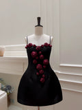Cute A Line Straps Black Satin Homecoming Dresses Birthday Outfits With Flowers HZ1024