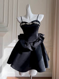 Cute A Line Spaghetti Straps Black Satin Homecoming Dresses Birthday Outfits With Beads HZ1024