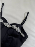 Cute A Line Spaghetti Straps Black Satin Homecoming Dresses Birthday Outfits With Beads HZ1024