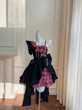 Pretty Ball Gown Straps Black Satin Flowers Homecoming Dresses Birthday Outfits With Bow HZ1024