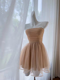Pretty A Line Strapless Champagne Tulle Homecoming Dresses Birthday Outfits With Ruffles HZ1024