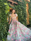 Modest A Line Square Neckline Short Sleeves Lace Floral Pink Long Length Prom Dress Formal Dresses HZ1024