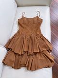 Modest A line Spaghetti Straps Brown Lace Short Homecoming Dresses Birthday Outfit HZ1024