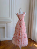 Modest A line Straps Pink Floral Prom Dress Formal Dresses HZ1024