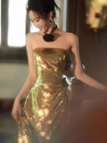 Modest Mermaid Strapless Sequin Gold Long Prom Dresses HZ1024