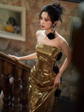 Modest Mermaid Strapless Sequin Gold Long Prom Dresses HZ1024