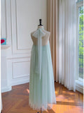 Modest A line Halter Tulle Mint Green Prom Dress Formal Dresses HZ1024