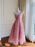 Modest A line Spaghetti Straps Pink Floral Prom Dress Formal Dresses HZ1024