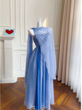 Modest A line Spaghetti Straps Blue Chiffon Prom Dress Formal Dresses HZ1024