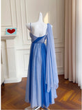 Modest A line Spaghetti Straps Blue Chiffon Prom Dress Formal Dresses HZ1024