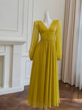 Modest A line V Neckline Long Sleeves Yellow Chiffon Prom Dress Formal Dresses With Buttons HZ1024