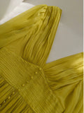 Modest A line V Neckline Long Sleeves Yellow Chiffon Prom Dress Formal Dresses With Buttons HZ1024