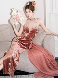 Sexy Mermaid High Neckline Velvet Pink Long Prom Dresses Birthday Outfits HZ1024