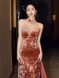 Sexy Mermaid High Neckline Velvet Pink Long Prom Dresses Birthday Outfits HZ1024