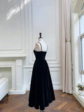 Modest A line Spaghetti Straps Black Velvet Pearls Prom Dress Formal Dresses HZ1024