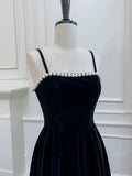 Modest A line Spaghetti Straps Black Velvet Pearls Prom Dress Formal Dresses HZ1024