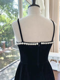 Modest A line Spaghetti Straps Black Velvet Pearls Prom Dress Formal Dresses HZ1024