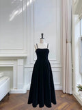 Modest A line Spaghetti Straps Black Velvet Pearls Prom Dress Formal Dresses HZ1024