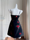 Simple A Line Spaghetti Straps Short Black Satin Floral Homecoming Dresses Birthday Outfit HZ1024