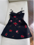 Simple A Line Spaghetti Straps Short Black Satin Floral Homecoming Dresses Birthday Outfit HZ1024