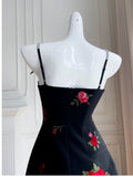 Simple A Line Spaghetti Straps Short Black Satin Floral Homecoming Dresses Birthday Outfit HZ1024