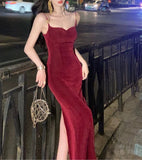 Modest Sheath Spaghetti Straps Burgundy Velvet Slit Prom Dress Formal Dresses HZ1024