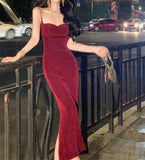 Modest Sheath Spaghetti Straps Burgundy Velvet Slit Prom Dress Formal Dresses HZ1024