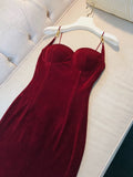Modest Sheath Spaghetti Straps Burgundy Velvet Slit Prom Dress Formal Dresses HZ1024