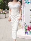 Sexy Sheath Sweetheart White Ankle Length Prom Dress Formal Dresses With Feather HZ1024