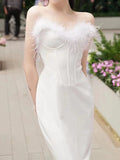 Sexy Sheath Sweetheart White Ankle Length Prom Dress Formal Dresses With Feather HZ1024