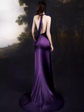 Sexy Mermaid High Neckline Grape Satin Long Prom Dresses Birthday Outfits HZ1024